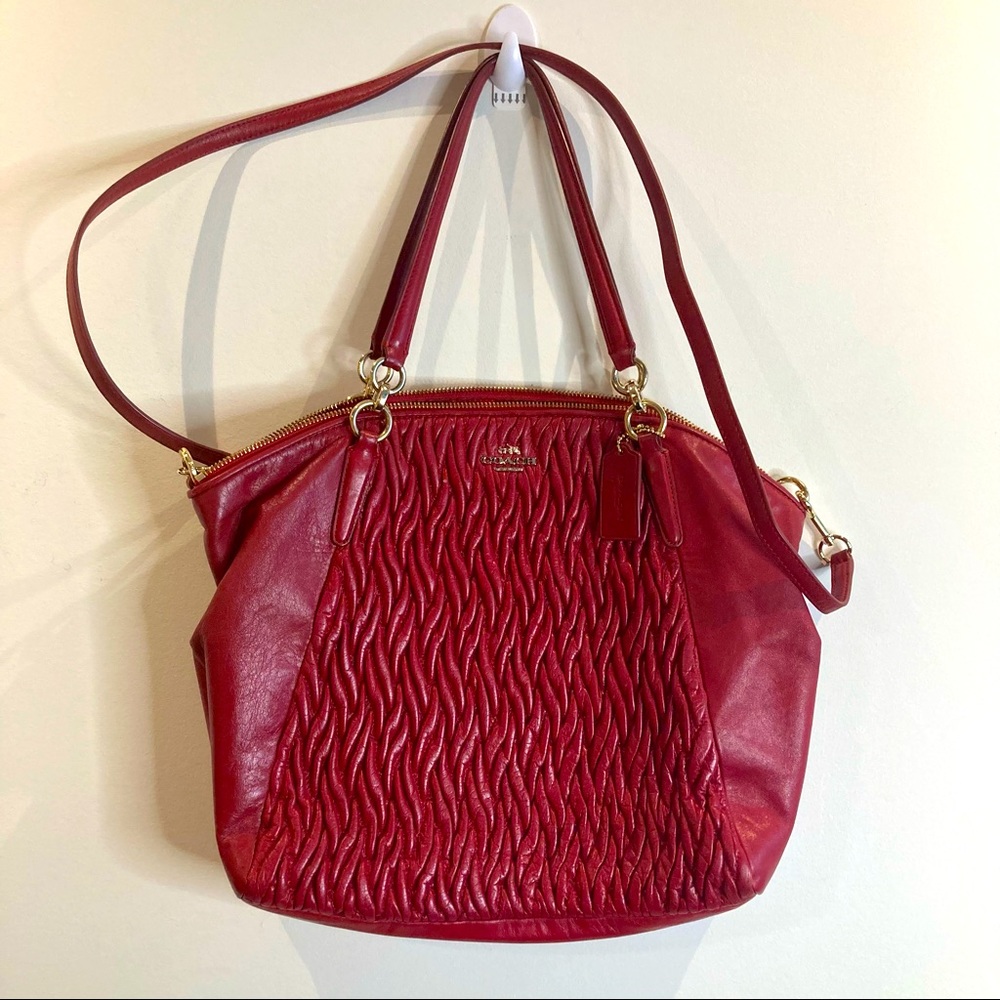 COACH Shoulder Bag Tote Leather Ruched Deep Red